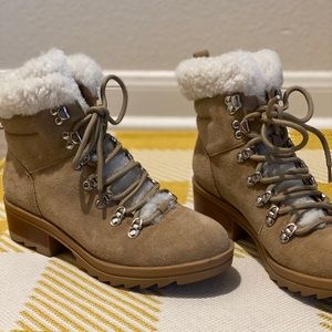 Shearling and suede heeled boot